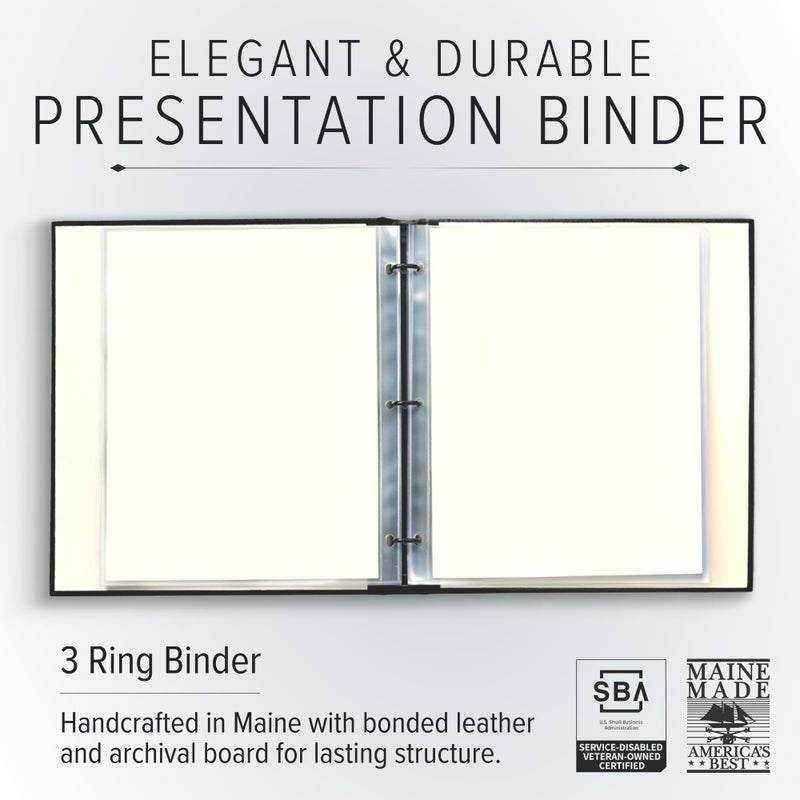 Gallery Leather 3 Ring Binder with Plastic Sleeves, Includes 10 Sheets, Sheet Size: 8.5" x 11" - Presentation Binder Rings with Window and Hubbed Spine, Thick: 0.75" Freeport Black - Image 2